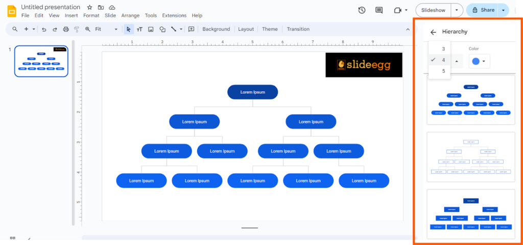 A screenshot of Google Slides, showing various hierarchy diagram options, including different styles, levels, and colors.