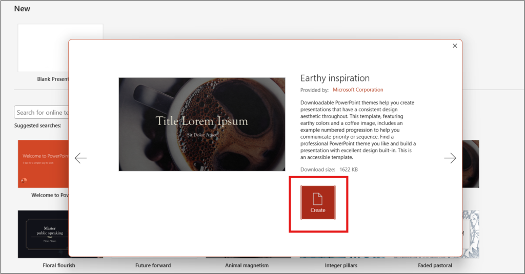 Premade PowerPoint template preview titled "Earthy Inspiration" with a coffee image. The "Create" option is highlighted.