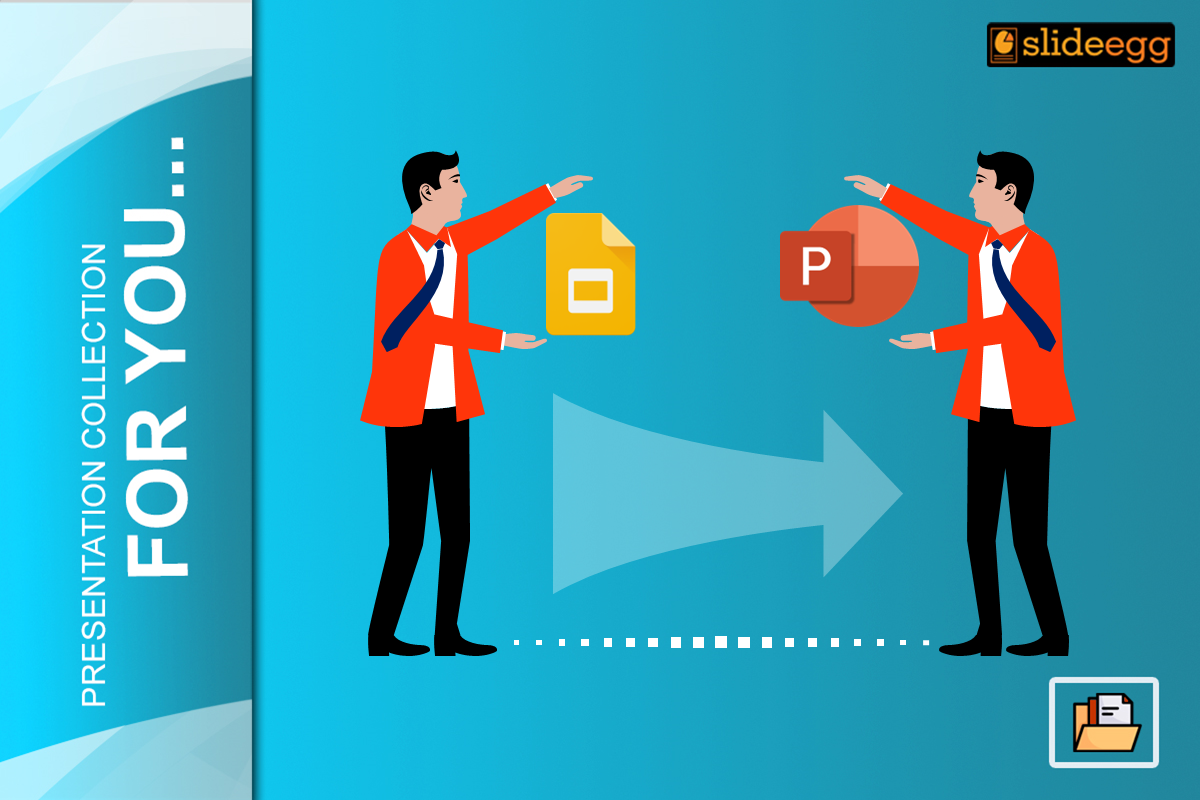 Two characters standing next to Google Slides and PowerPoint icons with an arrow indicating comparison.