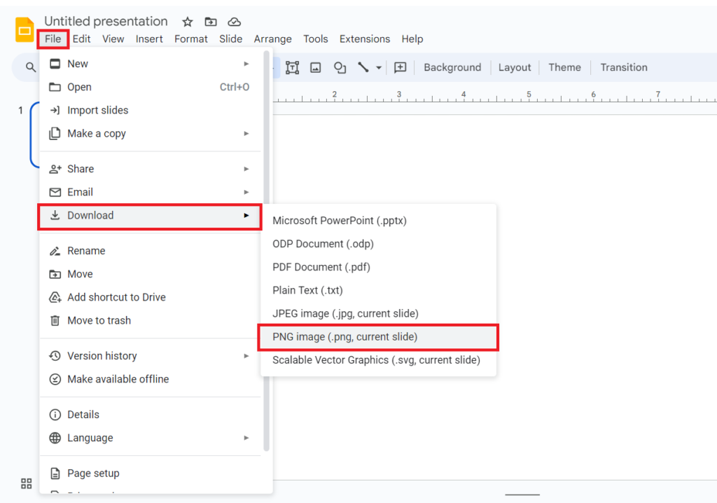 Google Slides interface showing the 'File' menu with the 'Download' option highlighted, and 'PNG image' selected.