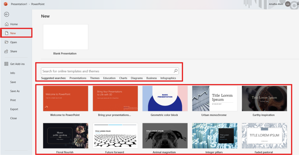 File_New menu in PowerPoint with premade templates & search for online templates and themes options are highlighted.