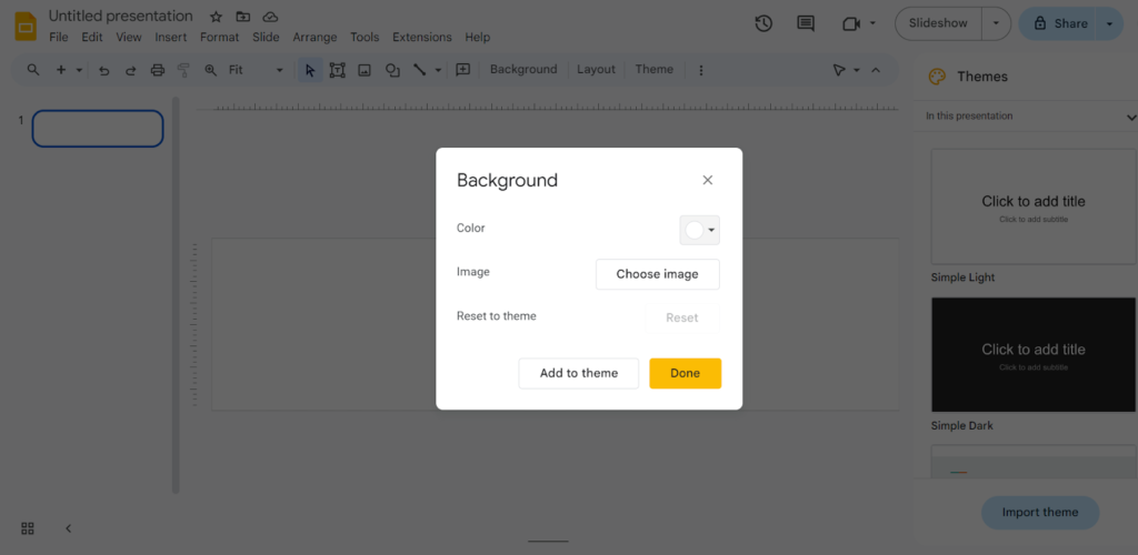 Presentation slide editor in Google Slides with ‘Background’ settings open, showing color and image options.