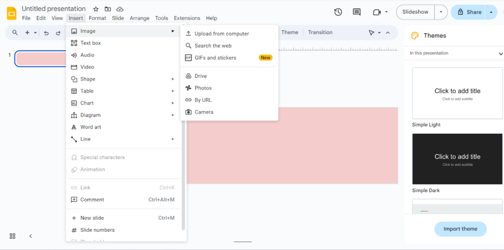 Google Slides screenshot showing the ‘Insert’ dropdown menu with various options.