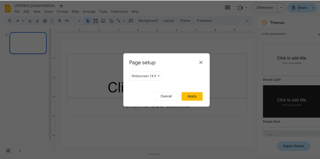 Dialog box for page setup in Google Slides, showing widescreen 16:9 option with ‘Apply’ highlighted.