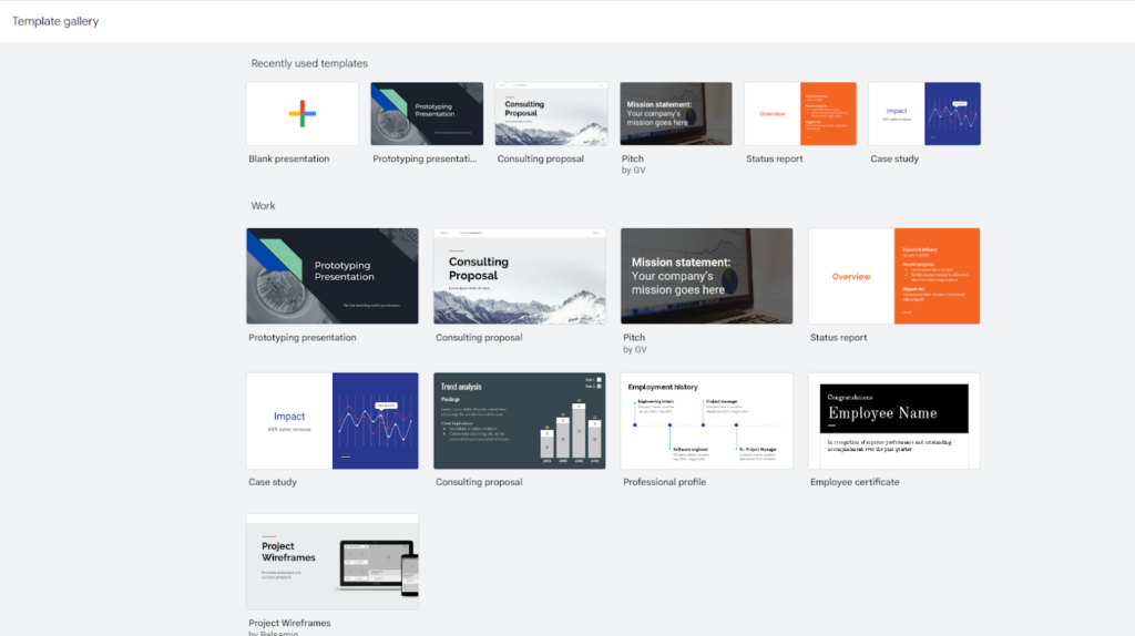 Google Slides Template Gallery with various premade presentation templates.