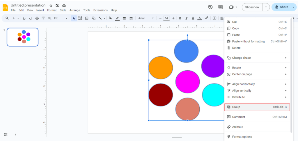 Google Slides interface showing multiple selected elements with the context menu open, highlighting the 'Group' option.