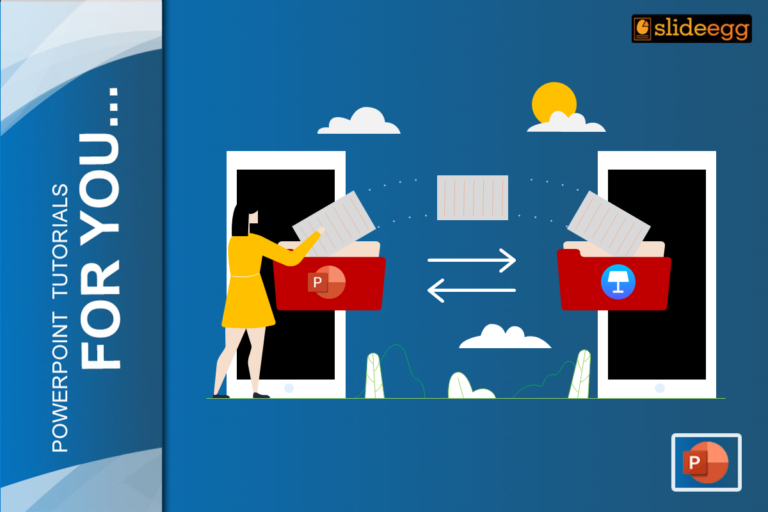 Illustration of PowerPoint to Keynote conversion with folder icons and directional arrows.