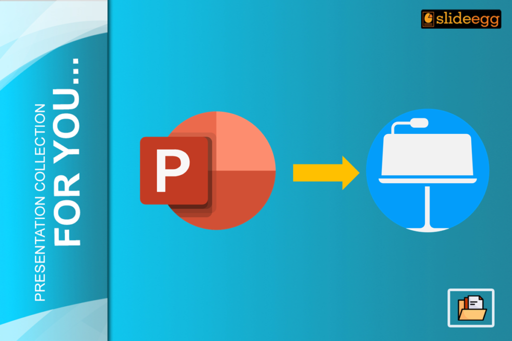 Visual representation of PowerPoint to Keynote conversion with a red ‘P’ icon, arrow, and Keynote podium icon.