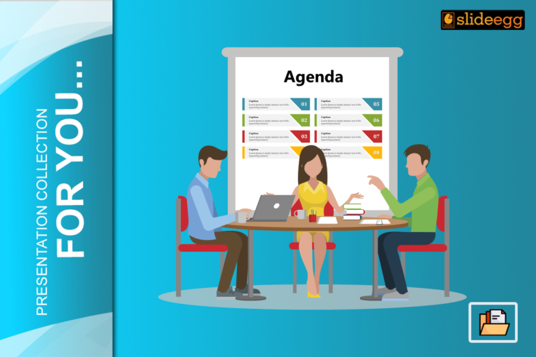 Three characters at a table, ‘Agenda’ slide in background, blue and white abstract design.