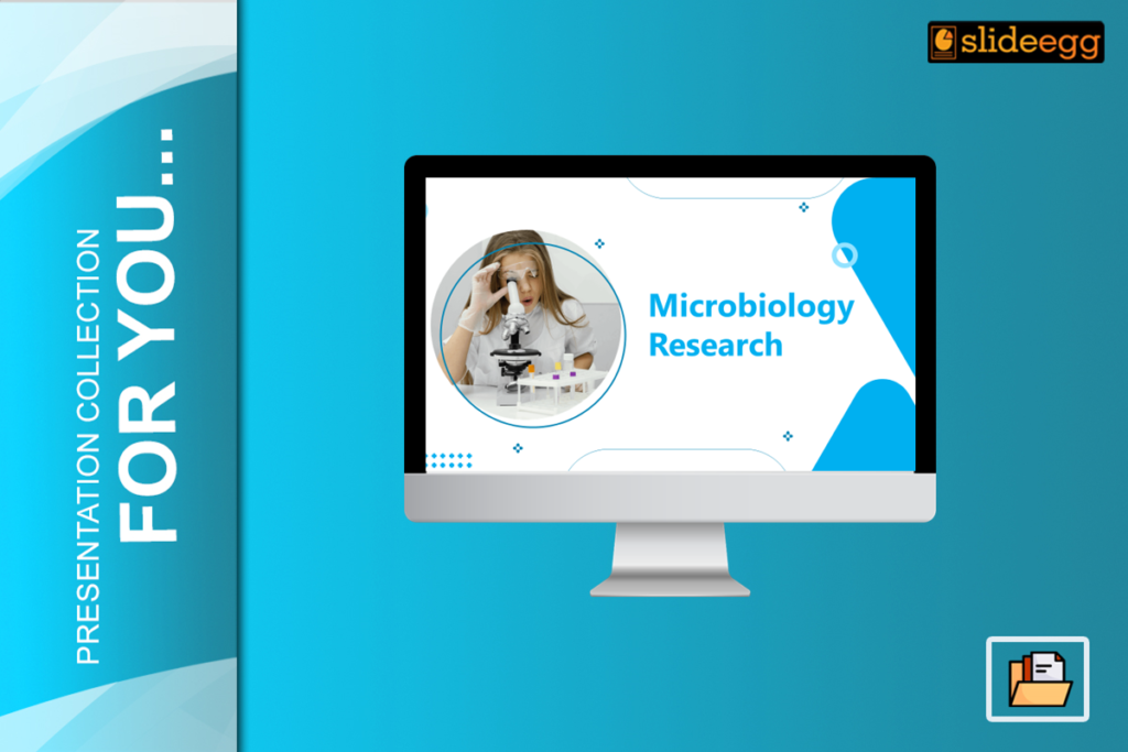 Presentation slide on monitor titled ‘Microbiology Research’ with abstract design.