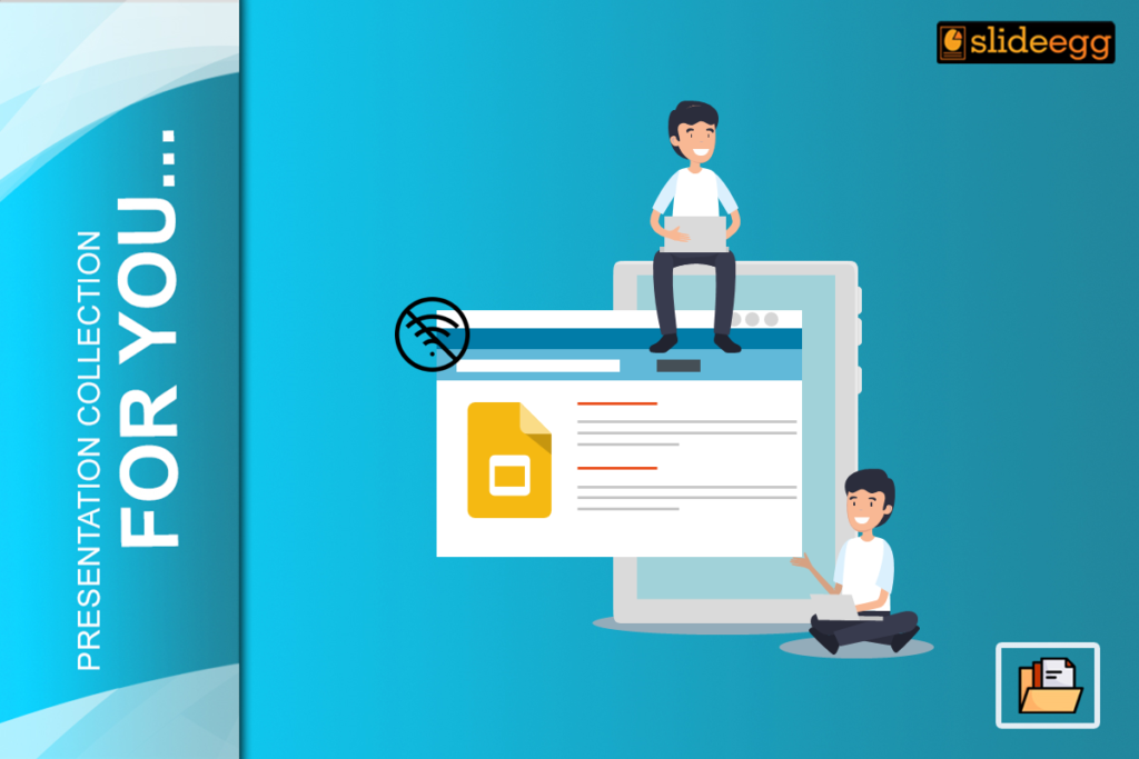 Illustration of using Google Slides offline with two characters, documents, and a laptop on a blue background.