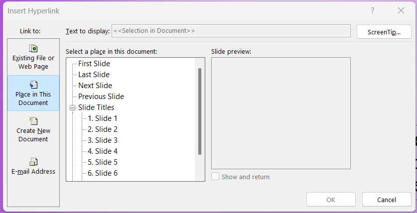 PowerPoint "Insert Hyperlink" dialog box with Place in This Document option is highlighted.