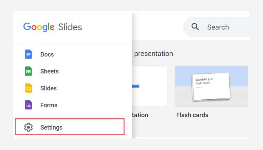  In Google Slides interface, "Settings" option is highlighted from the Mail Menu.
