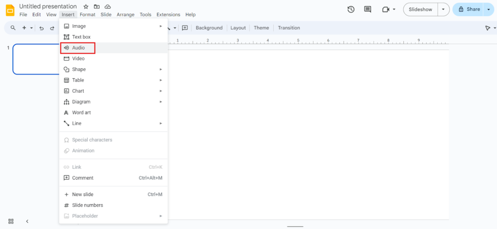 Google Slides interface with Insert > Audio option is highlighted.