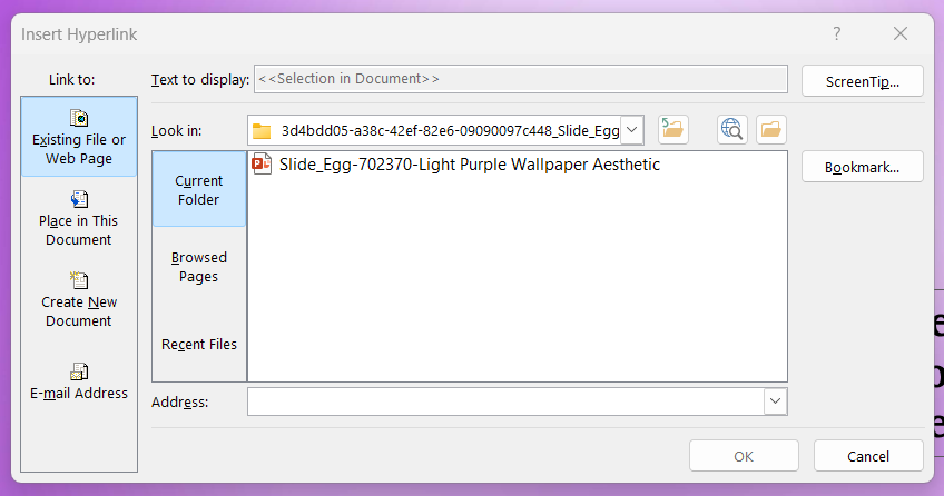 PowerPoint "Insert Hyperlink" dialog box with Options, like Link to, Text to display, Look in, etc.