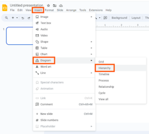 Screenshot of the Google Slides interface, showing the "Insert" menu with the options Diagram > Hierarchy highlighted.