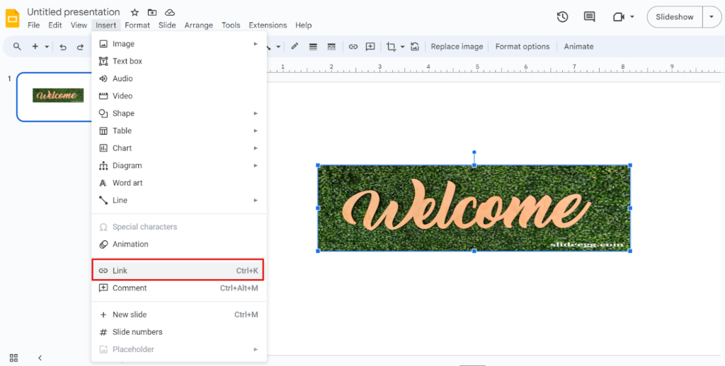 Google Slides interface. "Insert" menu open. "Link" option highlighted. "Welcome" text box selected.