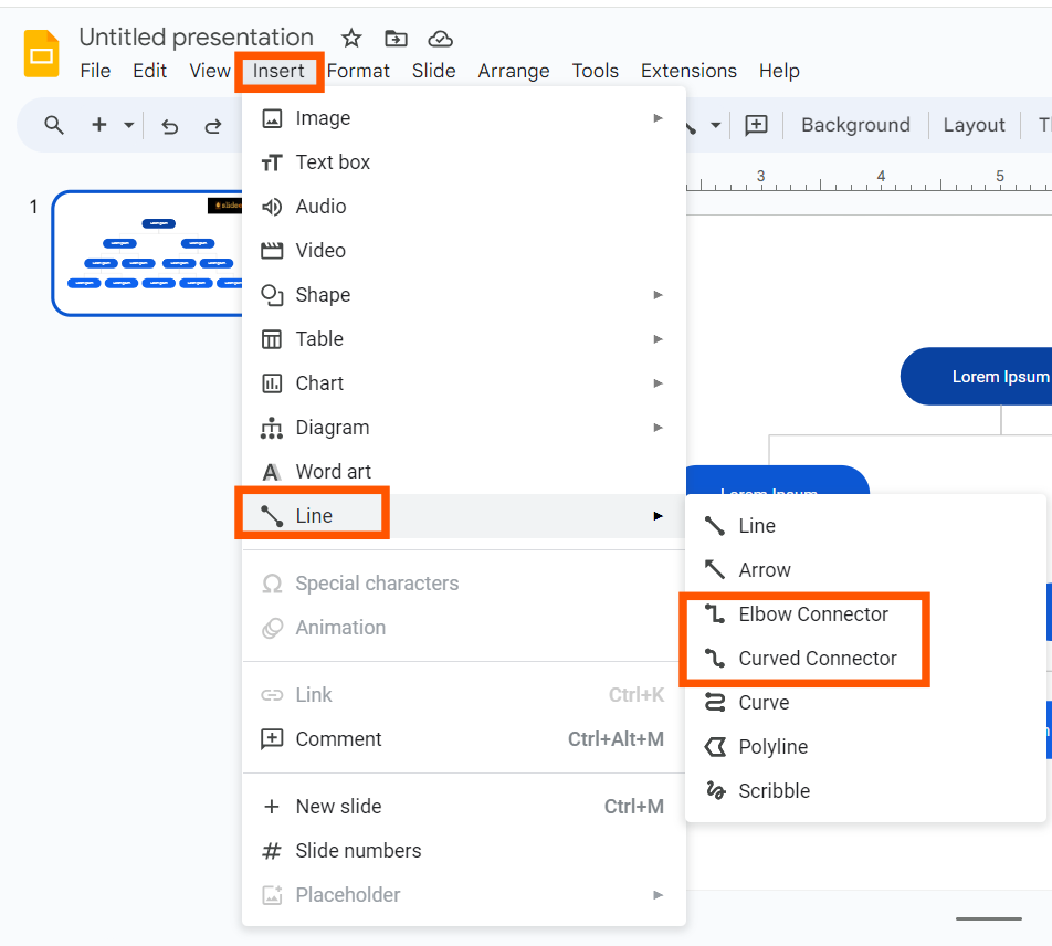 Google Slides interface, showing the "Line" tool options. The Elbow Connector and Curved Connector options are highlighted.