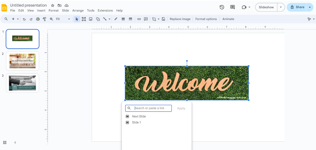 Google Slides interface. "Next Slide" option selected. "Welcome" text box linked to another slide.