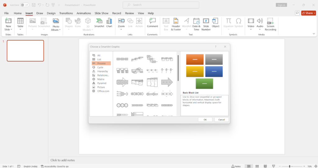 Choosing flowchart layout in PowerPoint by selecting Process > pick a layout like Basic Process, Vertical Chevron List, etc.