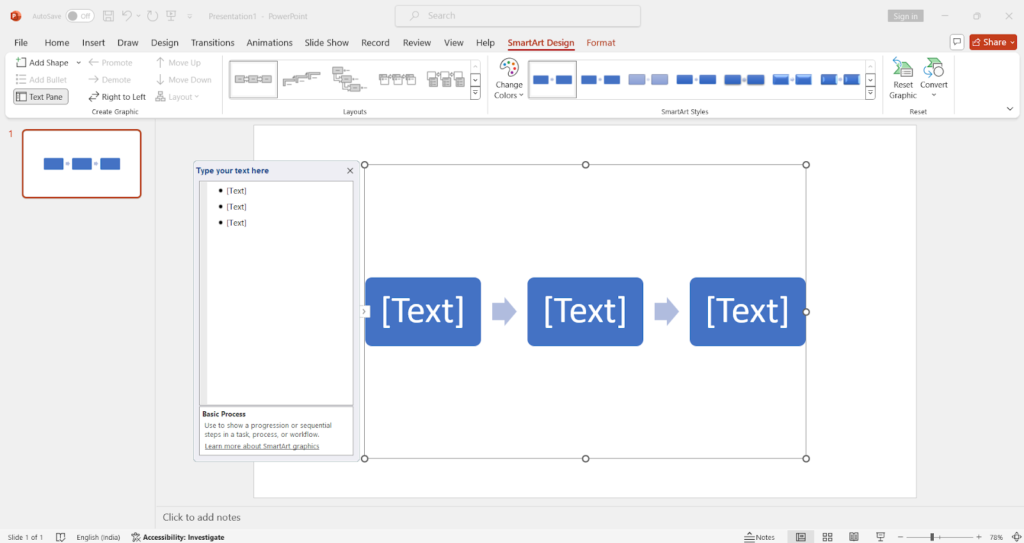 Adding text to SmartArt Flowchart graphic in Microsoft PowerPoint using editable [Text] placeholders.