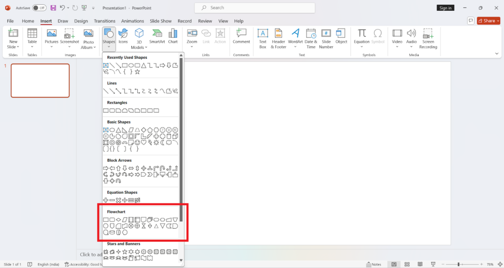 Inserting flowchart shapes in MS PowerPoint using the "Insert" tab > "Shapes" for the flowchart option.