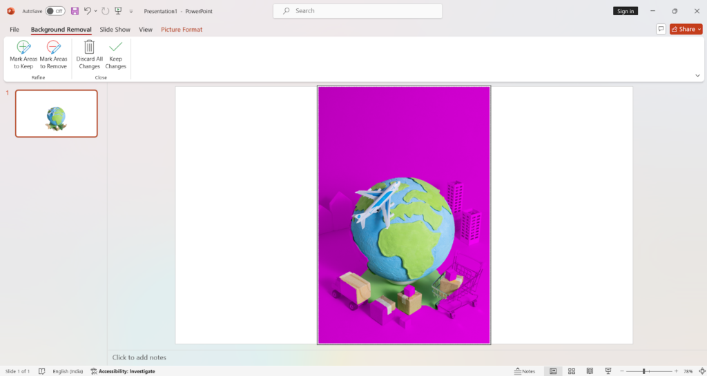 In the Picture Format tab, PowerPoint's Remove Background feature highlights the background in purple for automatic removal.