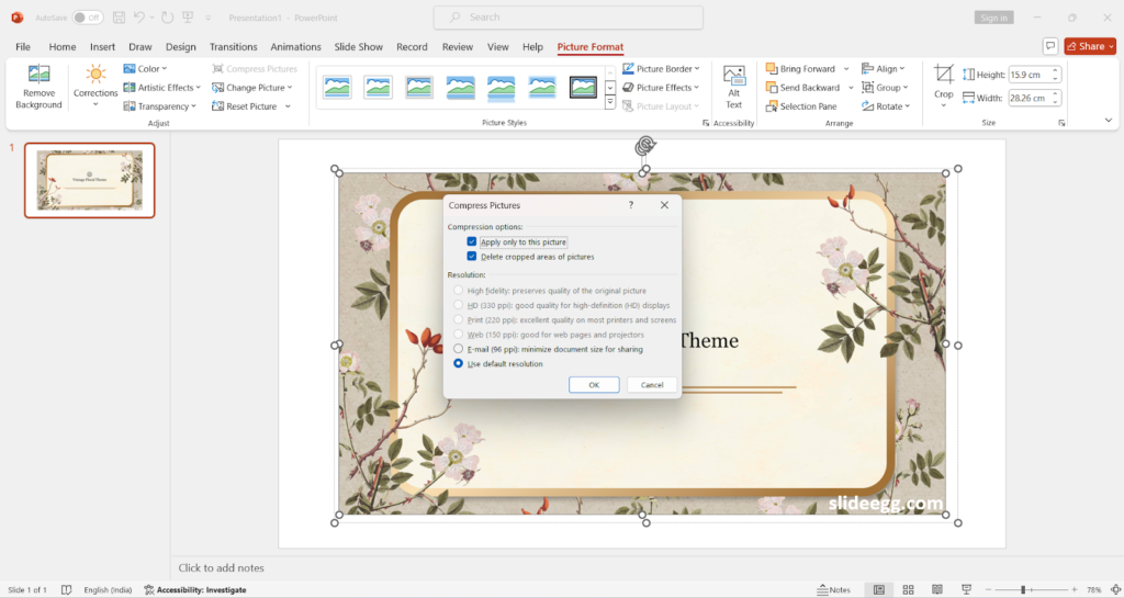 Compress pictures dialog box in MS PowerPoint to reduce file size and adjust picture quality.