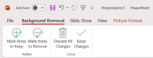 PowerPoint Background Removal tab with options: Mark Areas to Keep, Mark Areas to Remove, Discard All Changes, Keep Changes.