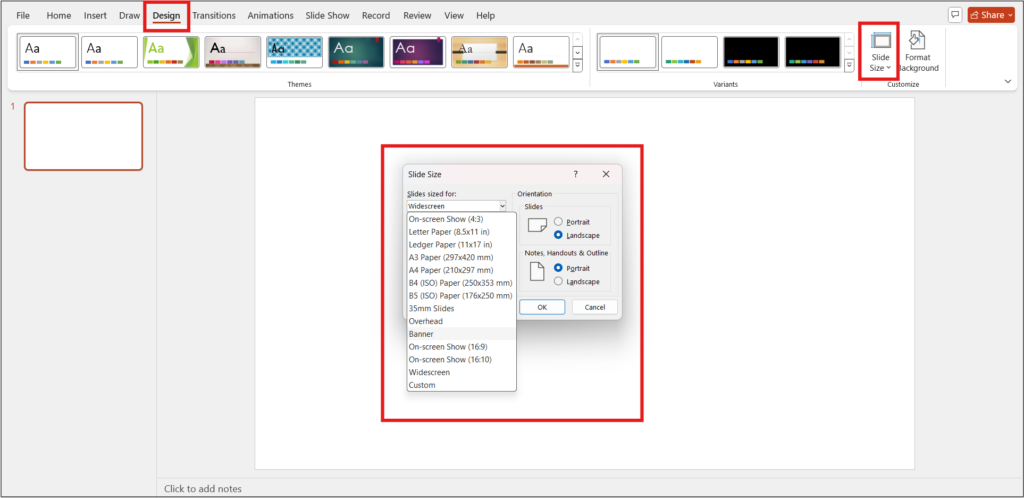 Setting custom poster size and orientation in MS PowerPoint from the "Slide Size" menu. 