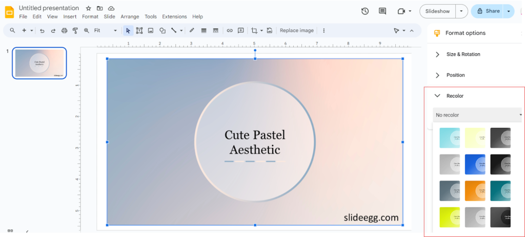 Screenshot of a Google Slides showing the "Recolor" options for an image, with a slide titled "Cute Pastel Aesthetic."