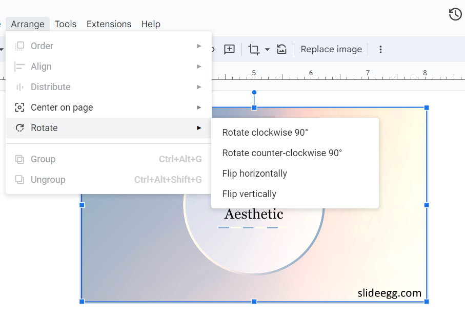  Google Slides showing “Rotate” menu showing rotate clockwise & counterclockwise and flip horizontally & vertically options.