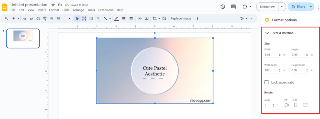 Screenshot of Google Slides presentation showing "Format options" with "Size & Rotation" settings for an image.