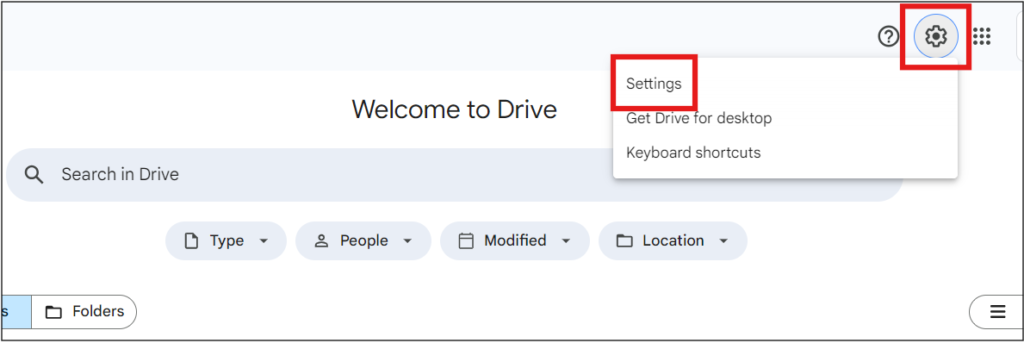 A Google Drive settings menu. The "Settings" option is highlighted, indicating you can customize your Drive preferences.