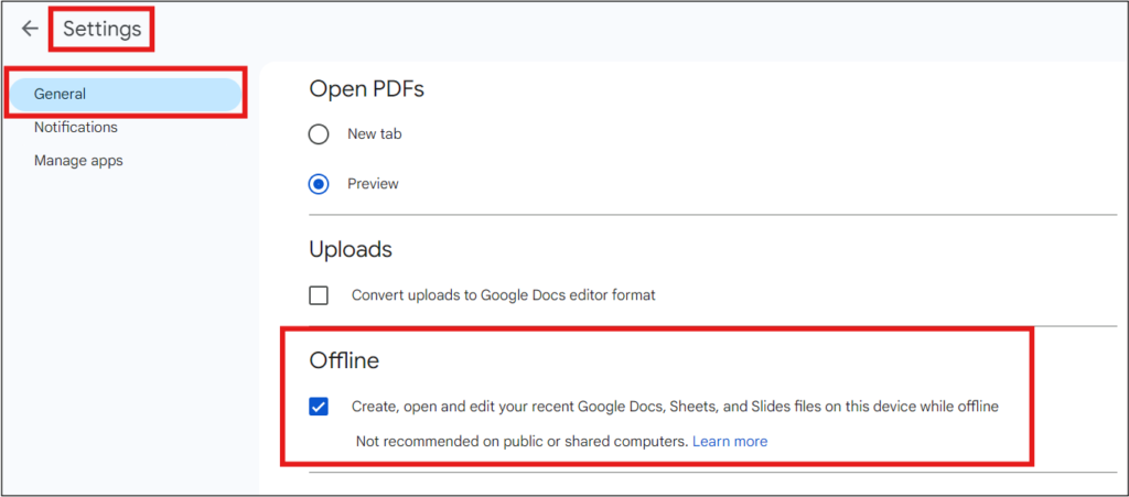 Google Drive settings: General > Offline option highlighted. Configure offline access for Google Docs, Sheets, and Slides.