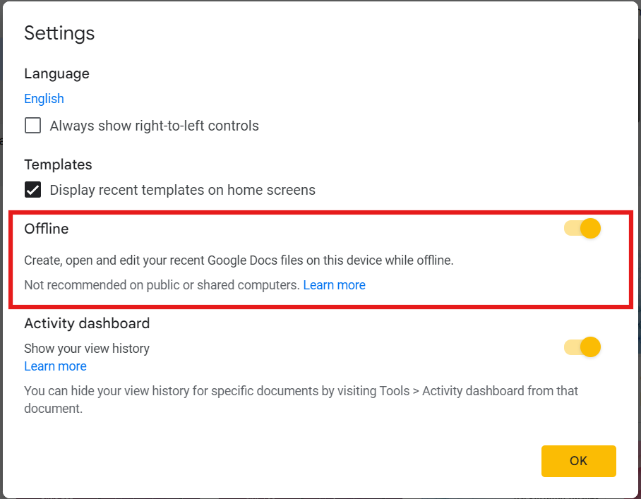  Configure offline access for Google Slides to enable creating, opening and eding the slide while offline.