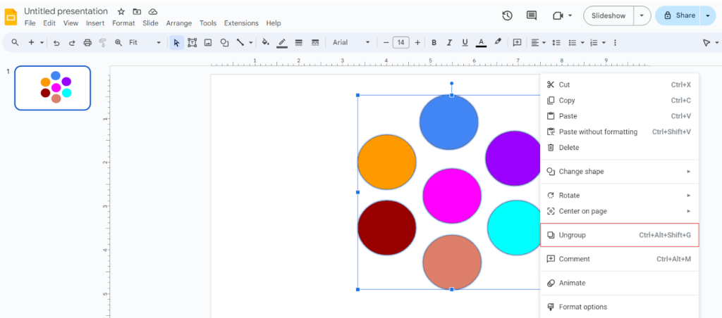 Google Slides interface showing multiple selected elements with the context menu open, highlighting the 'Ungroup' option.