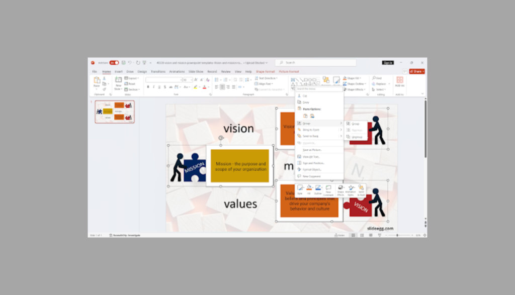 Grouping, regrouping, and ungrouping shapes or objects in MS PowerPoint to move, arrange, or format together.