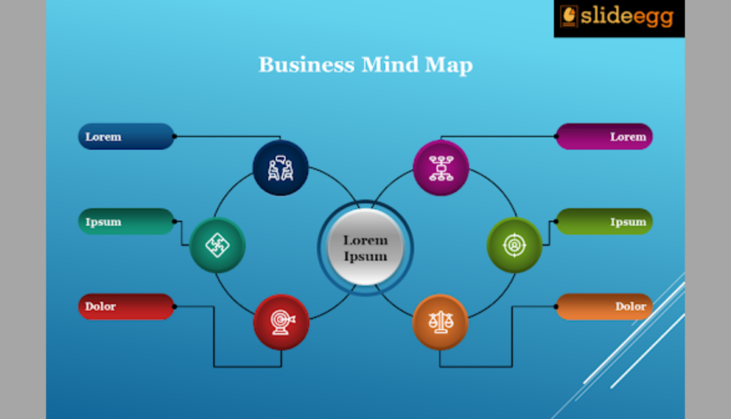 Colorful business mind map with connected strategy icons from SlideEgg