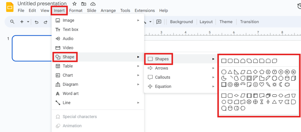 Inserting Shapes option in Google Slides Interface