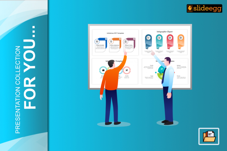 Two people presenting colorful infographics on a whiteboard in a professional setting.