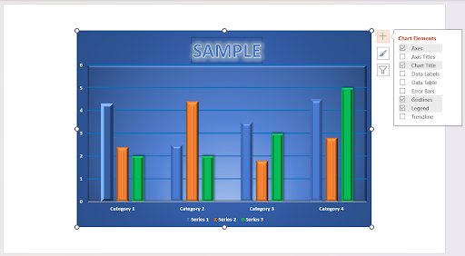 PowerPoint clustered column chart. Adding chart elements, like axes, axis titles, chart title, data labels, legend, etc.