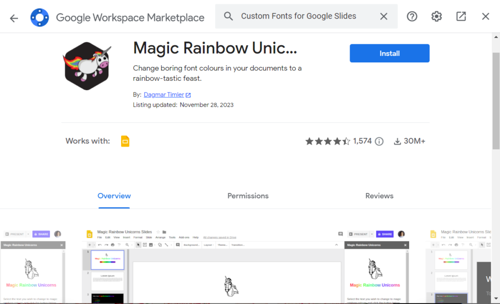 Google Workspace Marketplace. Magic Rainbow Unicorns add-on. Change font colors to rainbow. Install button.