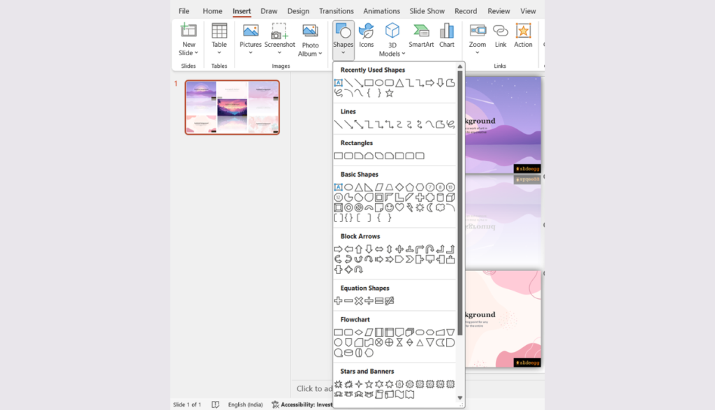 PowerPoint interface. "Insert" menu open. "Shapes" option selected. Submenu shows shapes, lines, rectangles, etc.