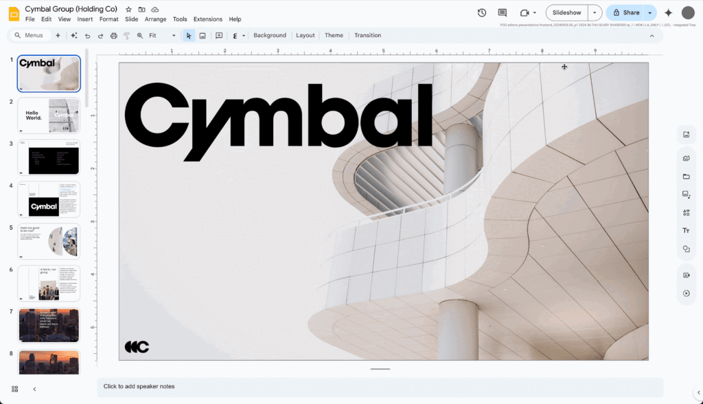 Google Slides editing window open to ‘Cymbal’ title page with design elements.