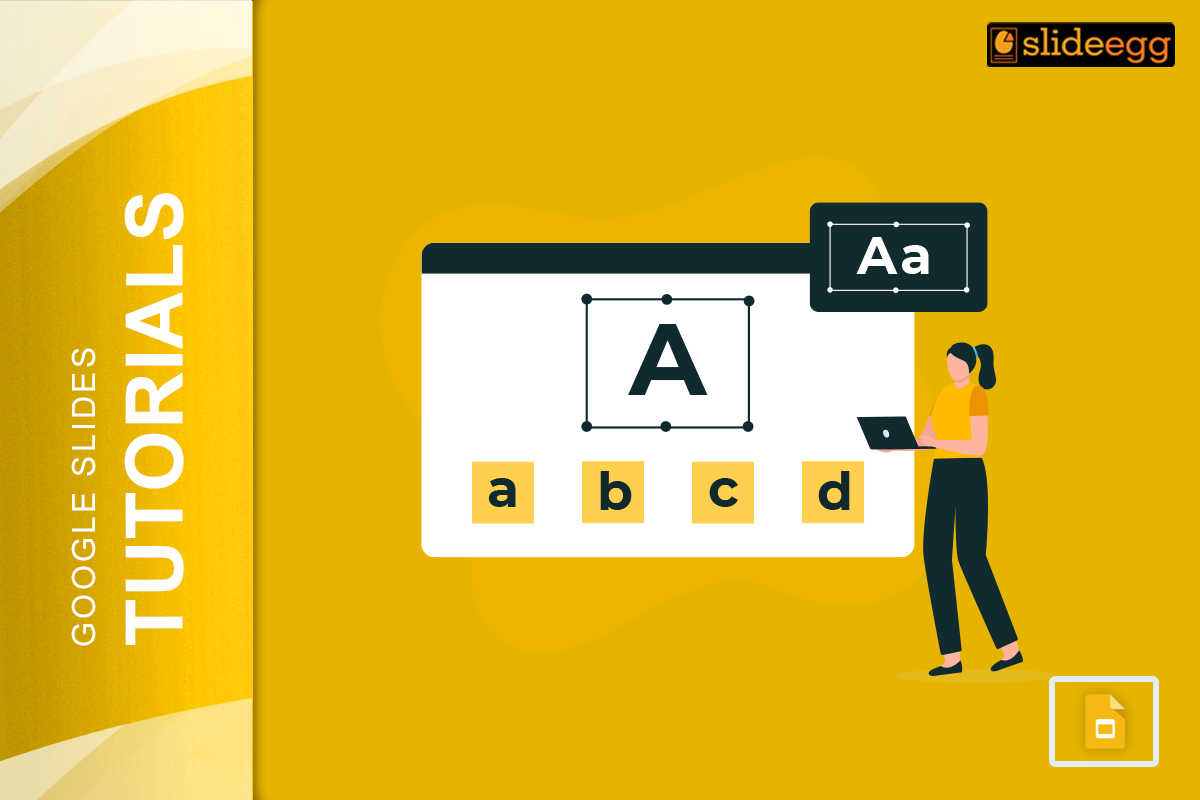 Blog Banner Image: Woman using laptop with Google Slides open. "Aa" font options highlighted.