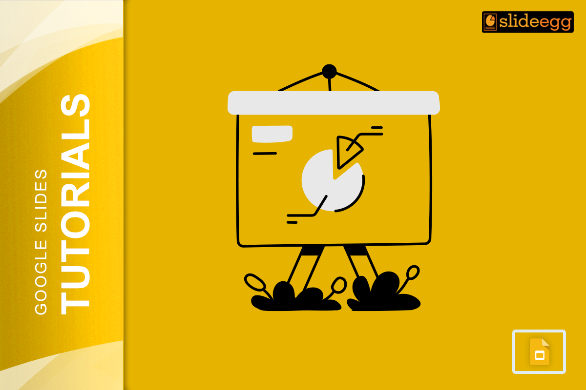 Google Slides Tutorials logo. Yellow background with a whiteboard on legs holding a pie chart.