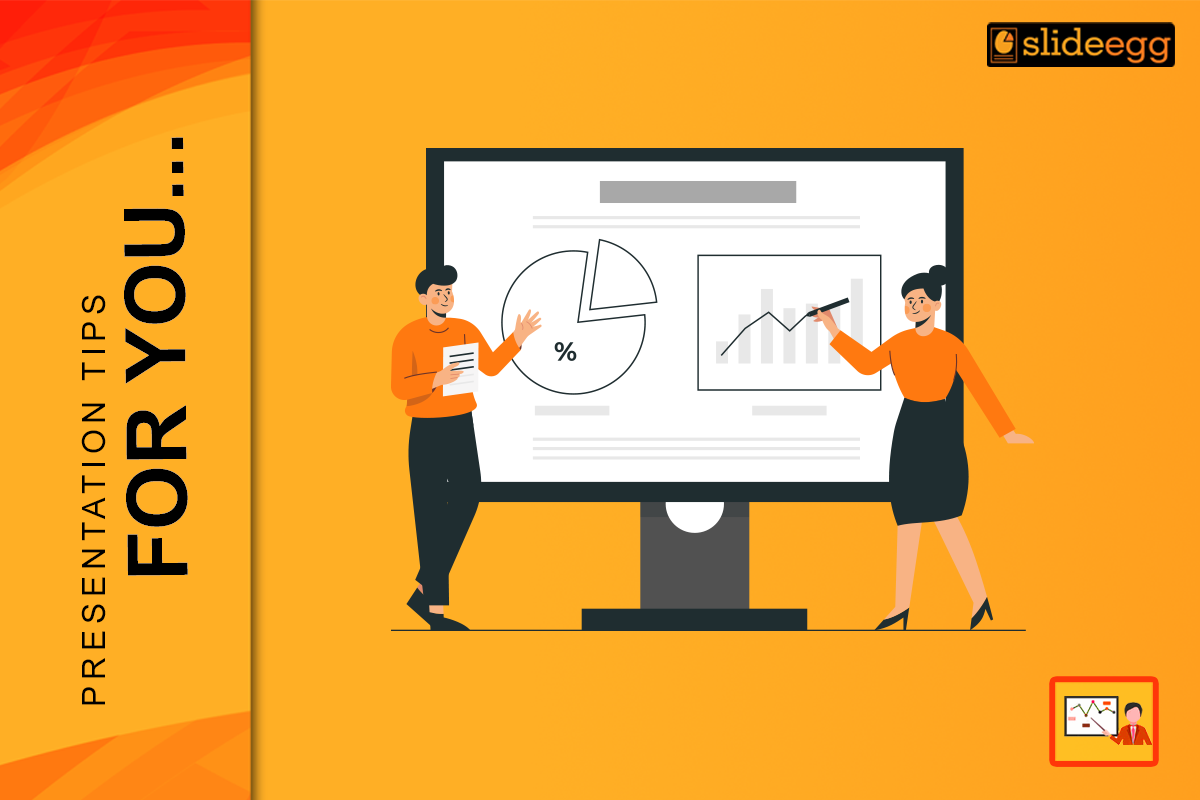 Two people presenting. One holds a paper, the other points at a whiteboard with a pie chart and line graph.