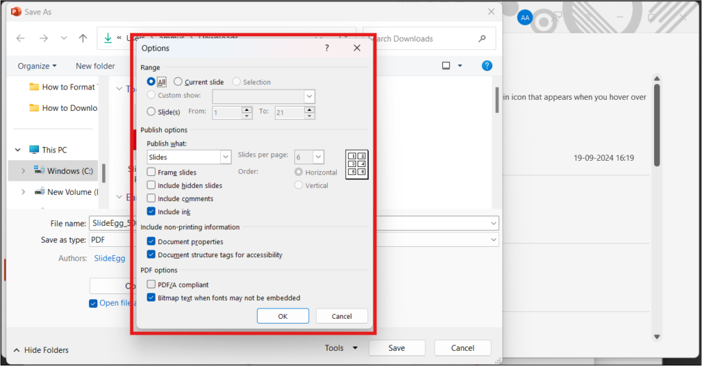 Screenshot of a Save As window with PDF options highlighted, focusing on accessibility features like PDF/A compliance.