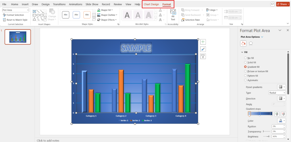 PowerPoint chart design pane with options: Chart layouts, styles, change data, etc. Preview shows a clustered column chart.